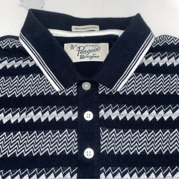 ORIGINAL PENGUIN Polo Shirt, Black/White Pattern, Heritage Slim Fit, Men's US S - Picture 4 of 5